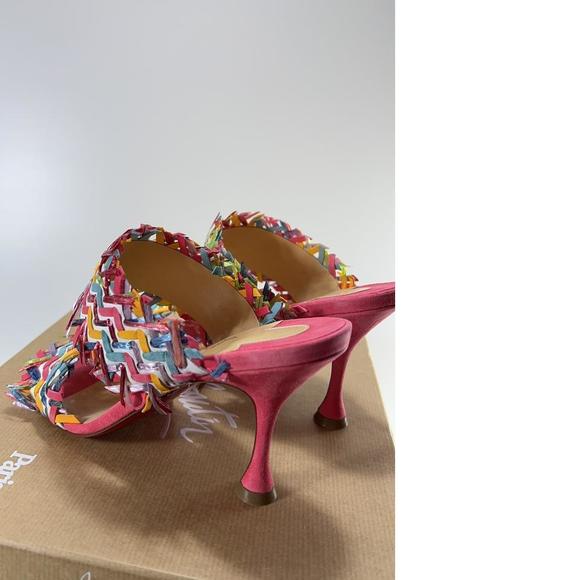 Meroine Pink Rainbow Woven 85mm raffia fringe heels mules D977 - Picture 5 of 11